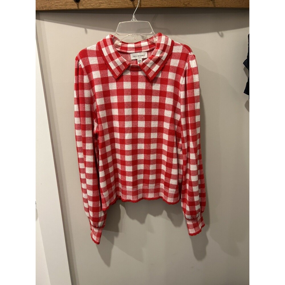 Free Assembly Gingham Sweater sz Large Red White Puff Sleeve Preppy Holiday Cozy